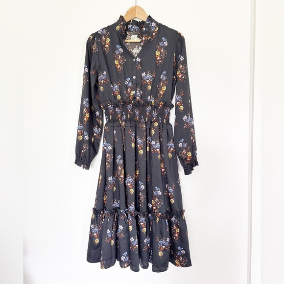 Exclusive Fit n Flare Ruffles Long Sleeve Floral Black Midi Dress Smocked Waist - Picture 1 of 10